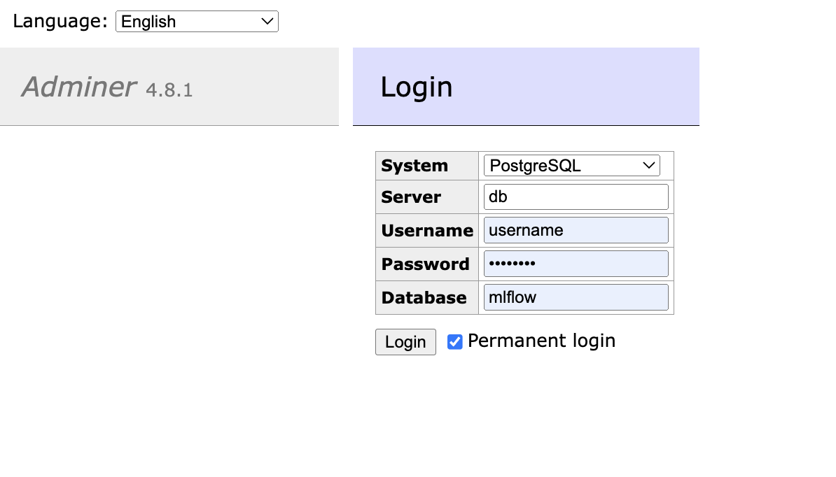 Adminer Login UI